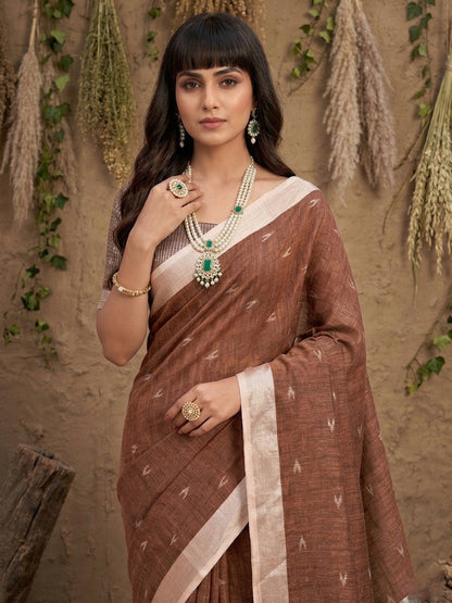 Anaita Brown Linen Cotton Zari Work Saree With Blouse