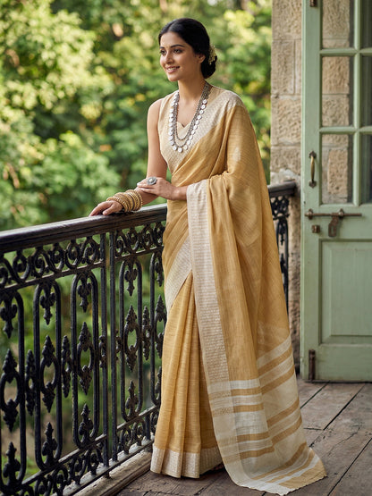 Anaita Brown Linen Zari Work Saree With Blouse