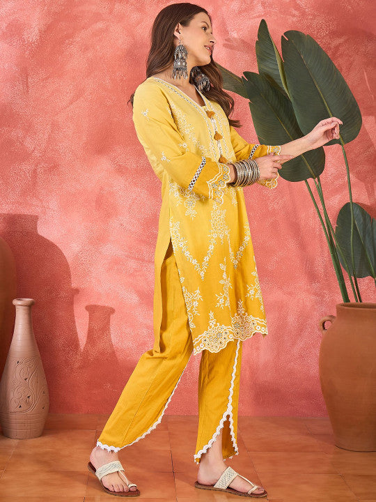Sangria Floral Embroidered Chikankari V-Neck Pure Cotton Straight Fusion Kurta With Trousers