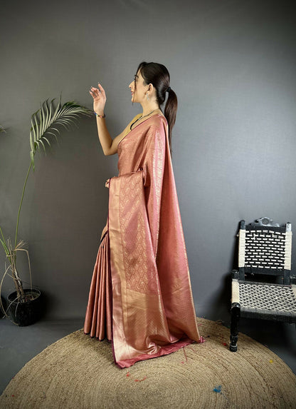 Joban Fashion Rose Gold Paisley & Floral Soft Satin Silk Banarasi Silk Saree