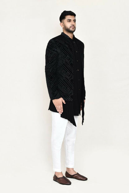 Joban Fashion Black Colored Velvet Based With Full Embroidered Fabric Open Jacket, Indo Western With Pant