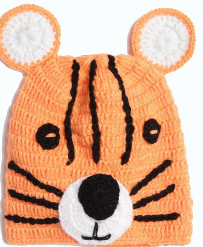 Chutput Kids Woollen Hand Knitted Tiger Detail Cap - Orange