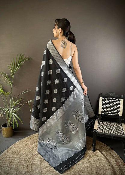 Joban Fashion Black Floral Motifs Soft Silk Banarasi Saree