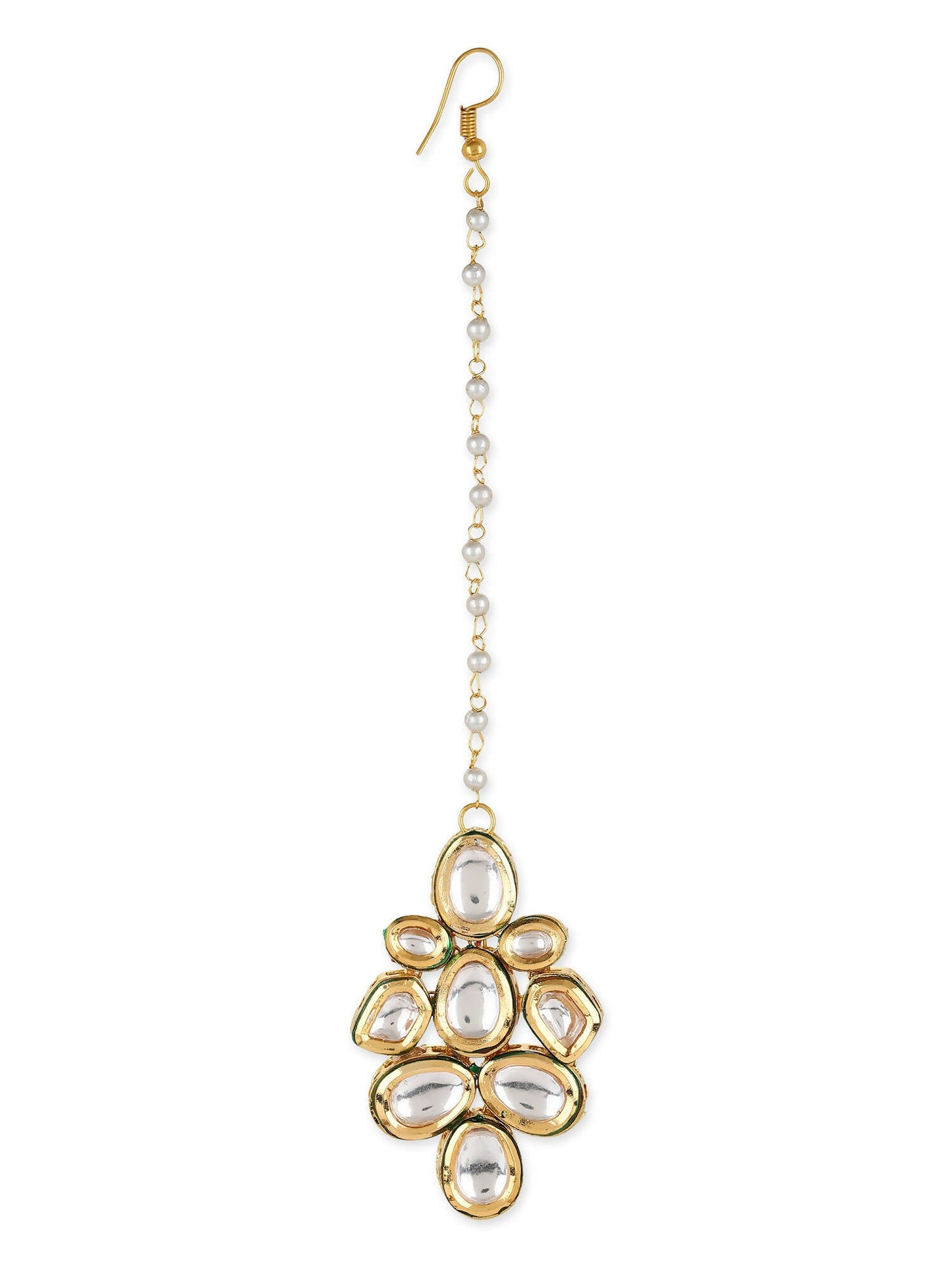 White Gold-Polished Kundan Studded Beaded Maang Tikka - Ruby Raang
