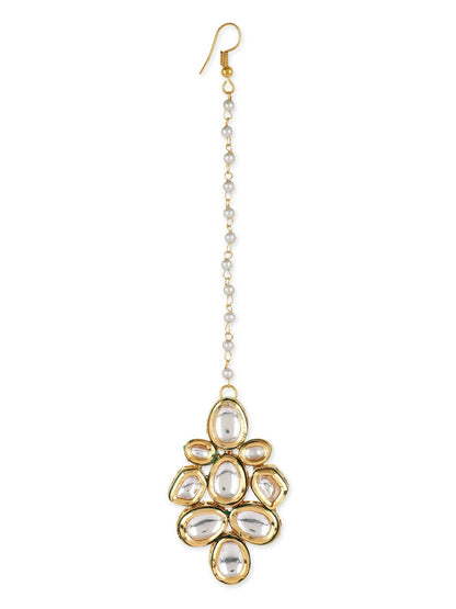 White Gold-Polished Kundan Studded Beaded Maang Tikka - Ruby Raang
