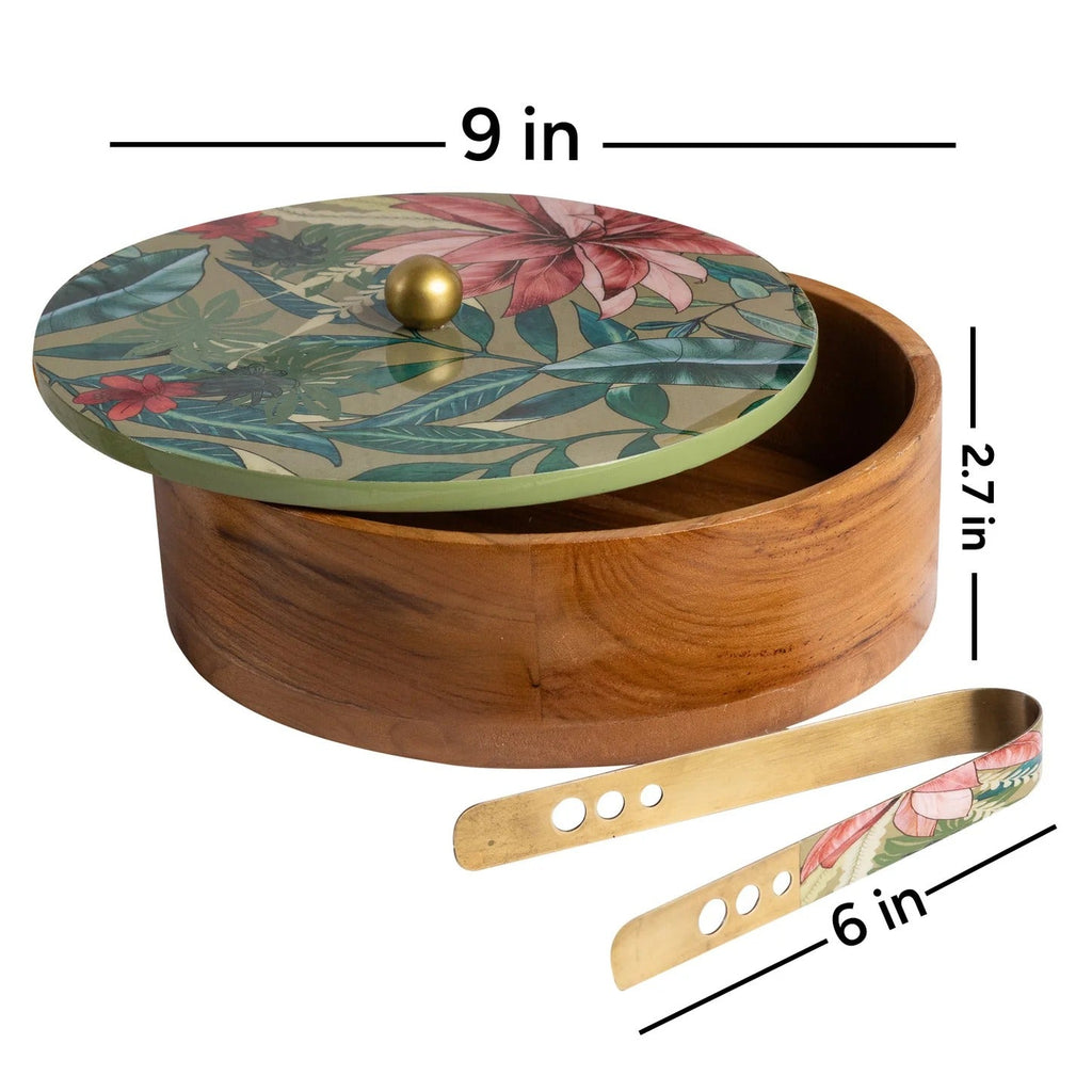 Nestroots Allure Teak Wood Roti Box with Tong Green Enamel Print