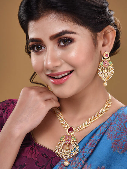 Saraf RS Jewellery Gold-Polished Green & Pink American Diamond Studded & Beaded Handcrafted Jewellery Set