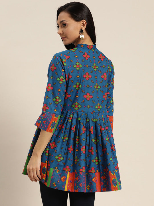 Sangria Women Blue & Green Geometric Print Pure Cotton Longline A-Line Top