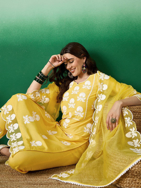 Sangria Embroidered Straight Kurta With Trouser & Dupatta