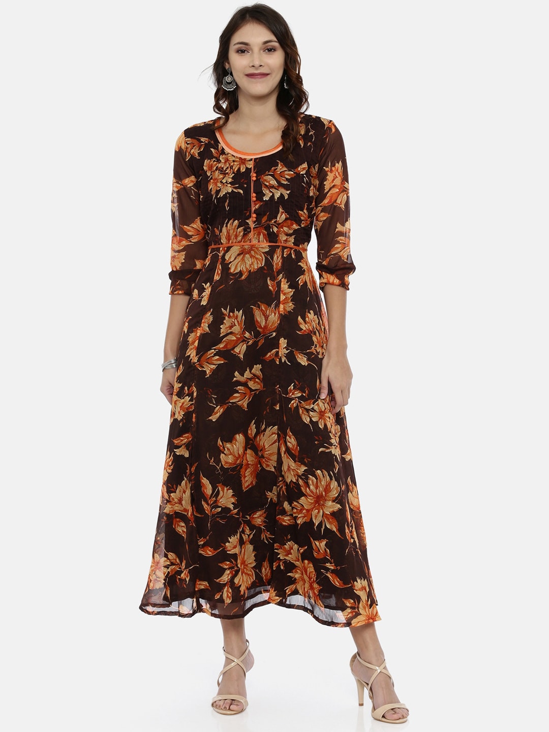 Souchii Brown & Orange Floral Printed Chiffon Maxi Dress