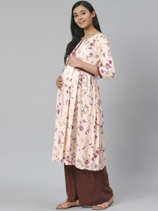 Anayna Women Peach-Coloured & Burgundy Floral Print A-Line Maternity Kurta