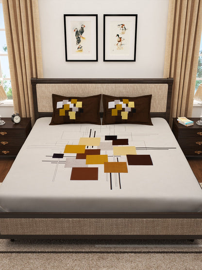 Story@home Cream-Coloured & Brown Abstract 300 TC Cotton 1 King Bedsheet with 2 Pillow Covers