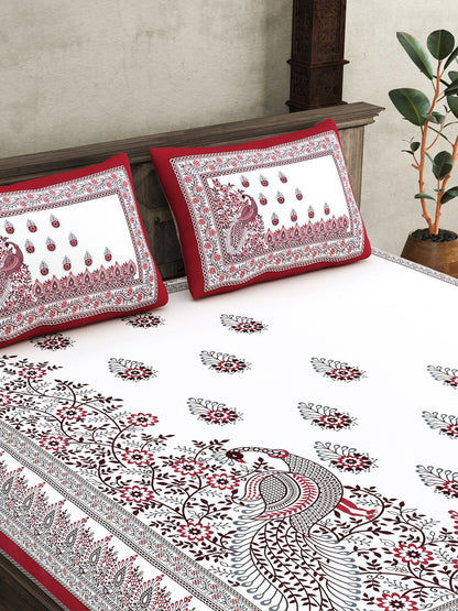 JAIPUR FABRICWhite Red Ethnic Motifs Cotton 250 TC King Bedsheet With 2 Pillow Covers