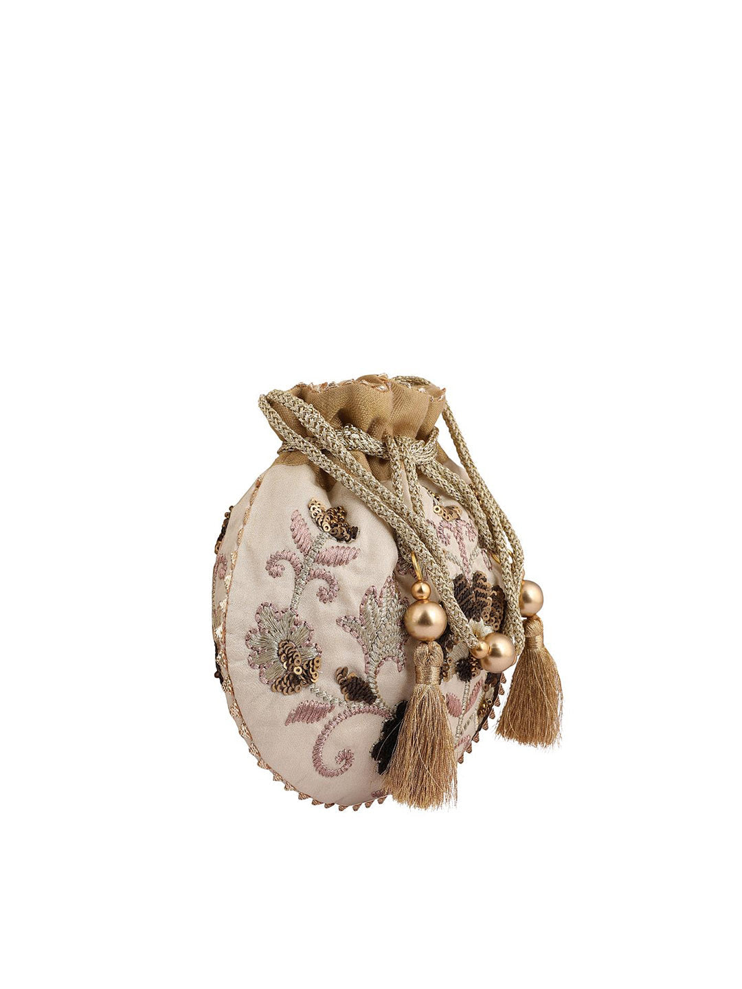 Masq Beige & Brown Embellished Embroidered Potli Clutch