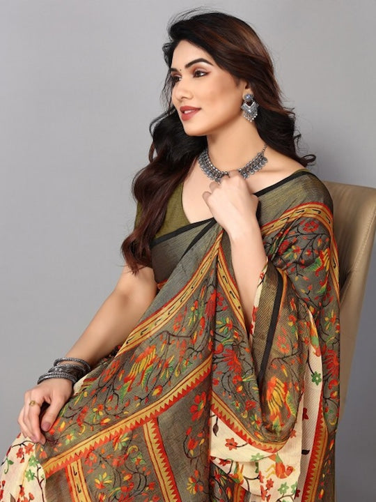 Fabmora Floral Printed Pure Chiffon Saree