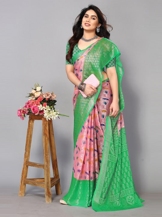Fabmora Ethnic Printed Zari Pure Chiffon Brasso Saree