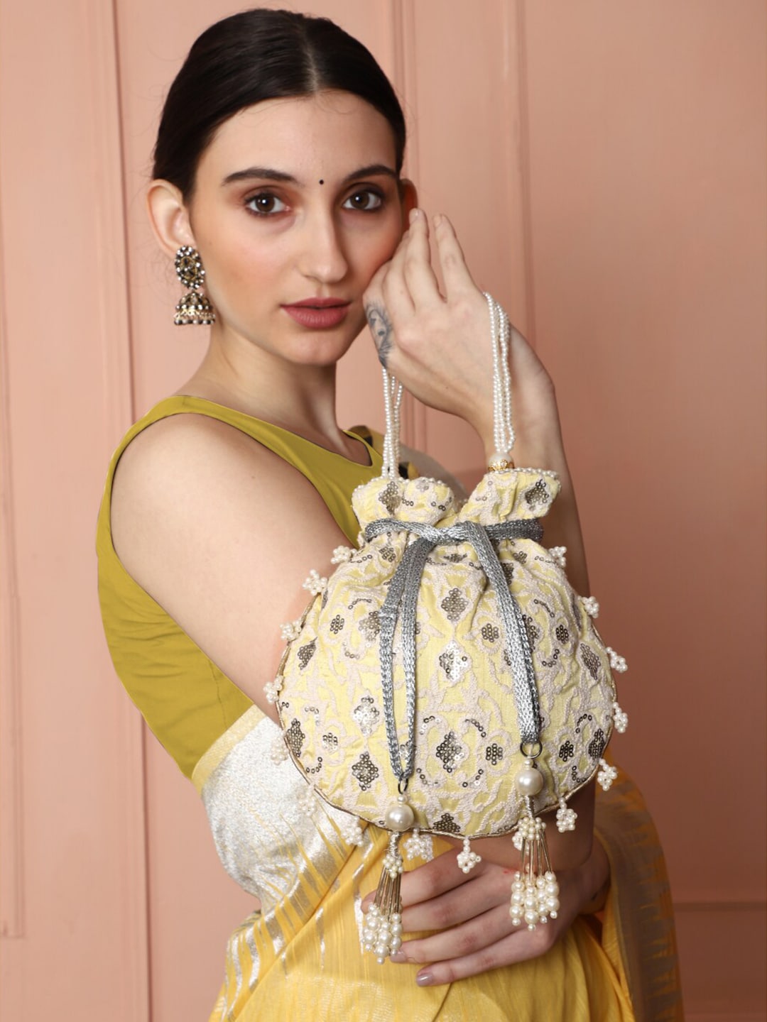 Masq Women Yellow & Grey Embellished Embroidered Potli Clutch