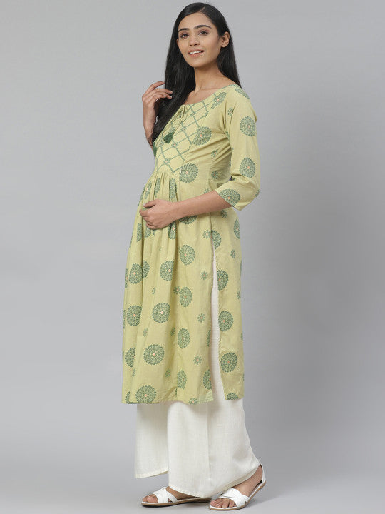Anayna Women Green Printed Straight Pure Cotton Feeding Maternity Kurta