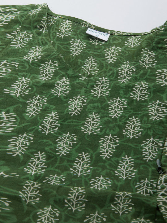 Anayna Women Green & Off-White Printed Maternity A-Line Dress