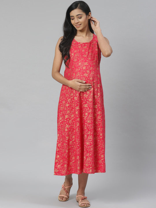 Anayna Women White & Pink Pure Cotton Printed Maternity Layered A-Line Dress