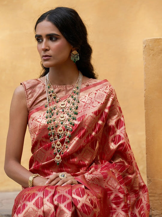Janasya Red & Gold-Toned Ethnic Motifs Woven Design Zari Organza Kanjeevaram Saree