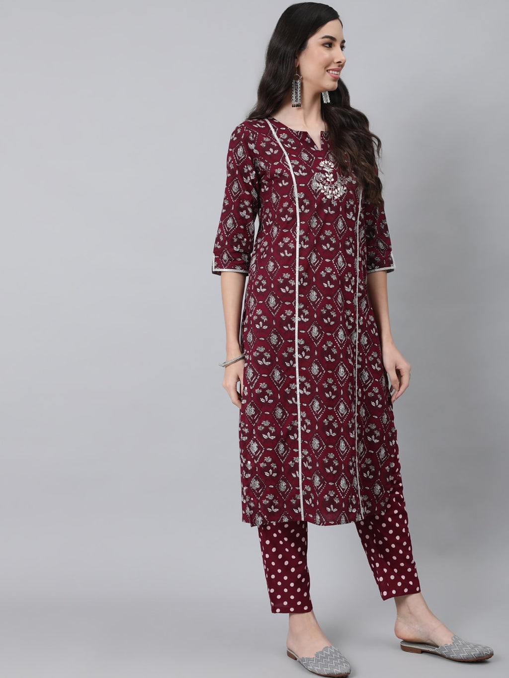 Anubhutee Women Maroon Ethnic Motifs Thread Work Pure Cotton Kurta with Trousers & With Dupatta