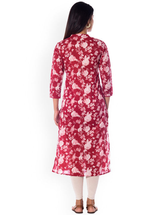 Anayna Women Red & Off-White Floral Print Straight Kurta