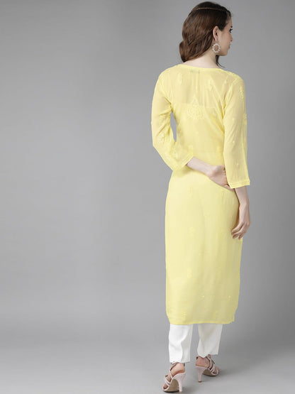 ADA Women Yellow Ethnic Motifs Embroidered Chikankari Georgette Handloom Kurta
