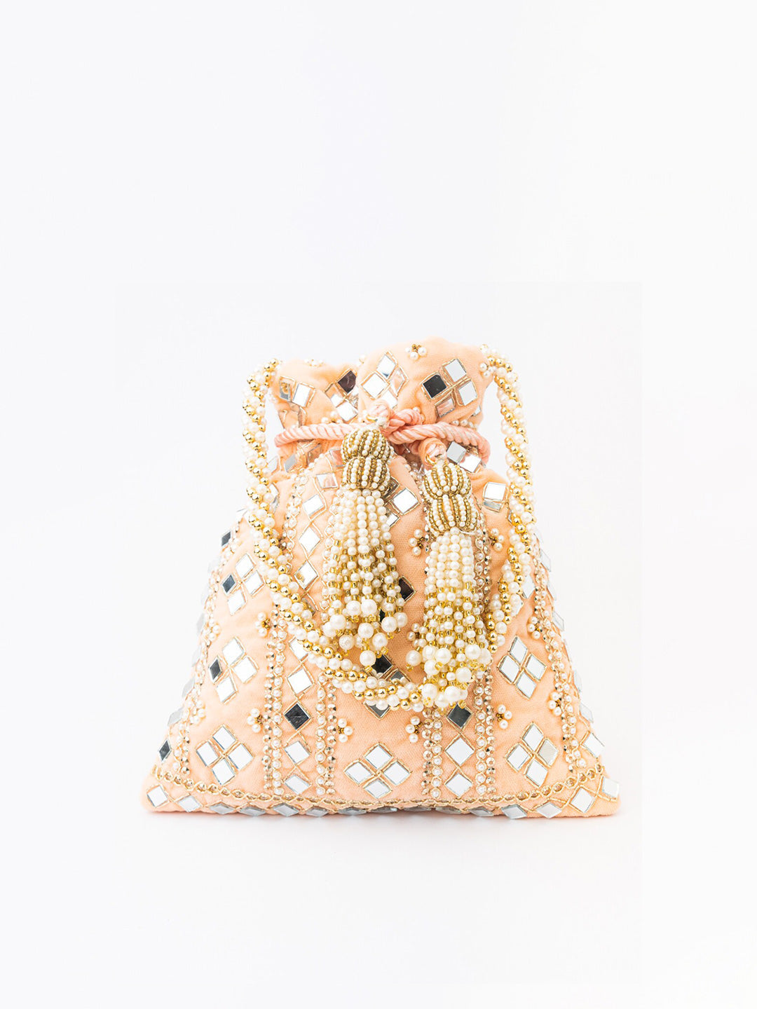 NR By Nidhi Rathi Peach-Coloured & White Embroidered Potli Clutch