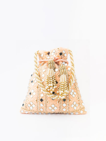 NR By Nidhi Rathi Peach-Coloured & White Embroidered Potli Clutch