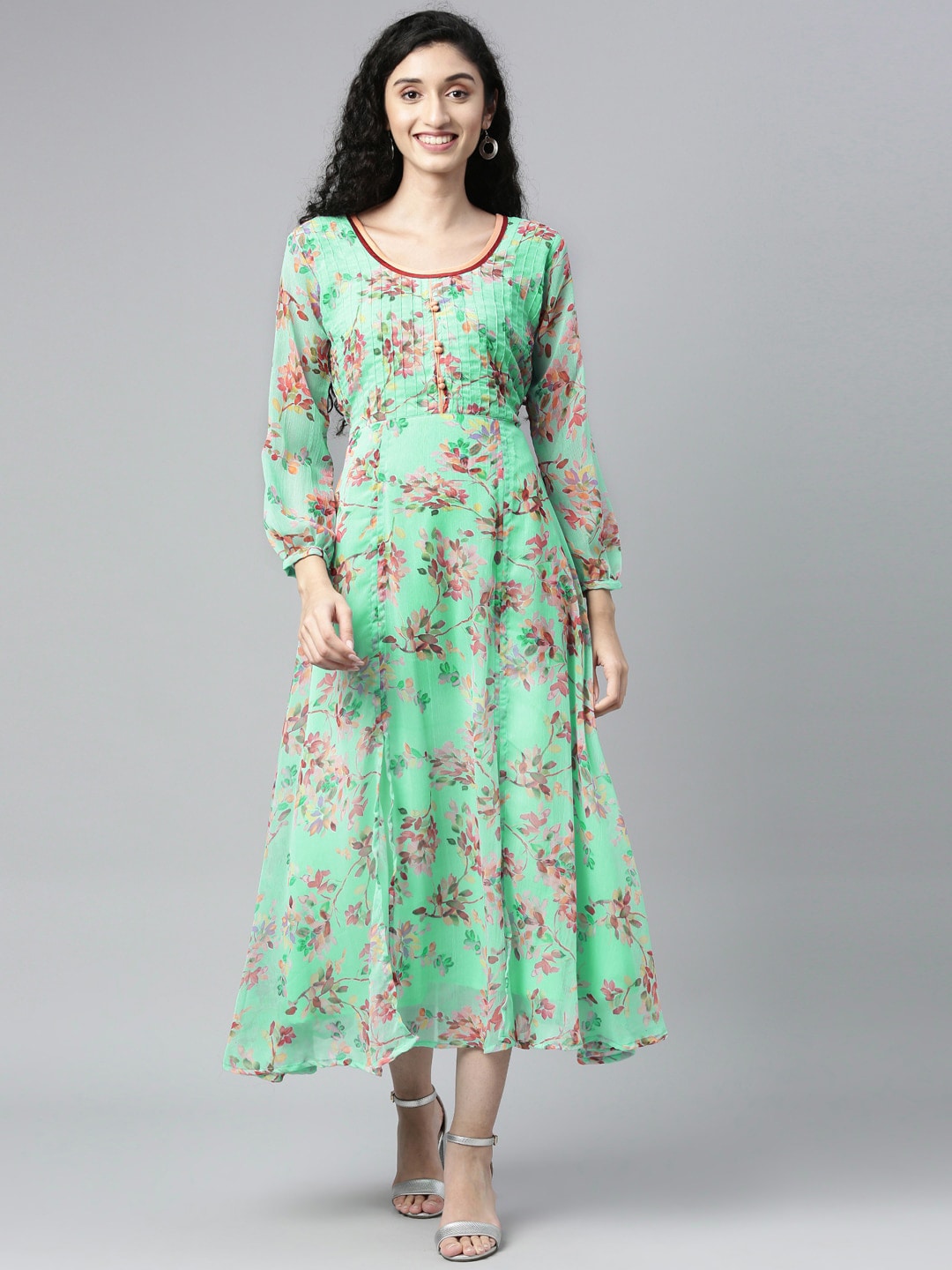 Souchii Sea Green Floral Chiffon Maxi Dress
