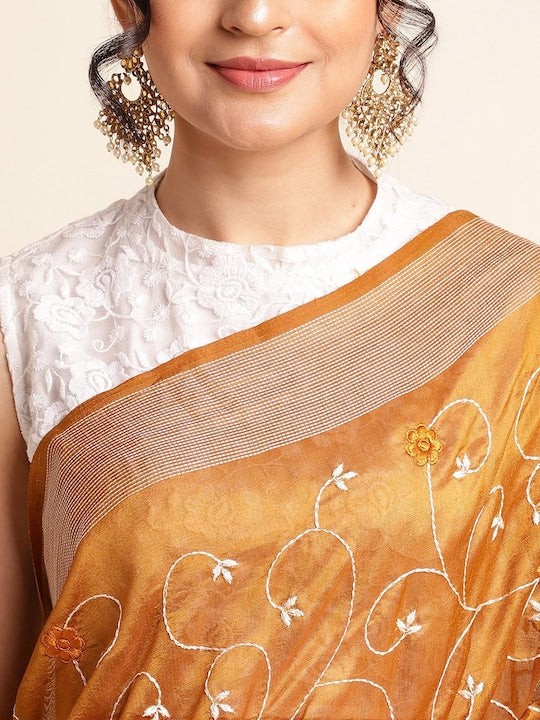 Fabmora Floral Embroidered Zari Saree