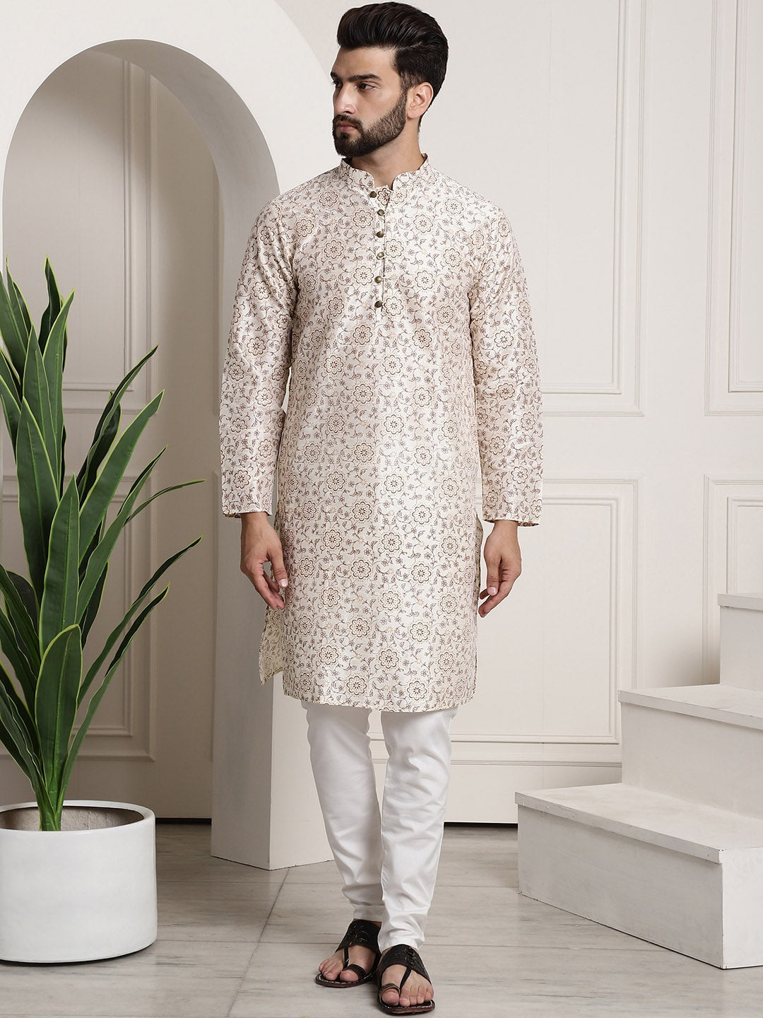 Sojanya Men Cream-Coloured & Brown Silk Cotton Printed Regular Kurta with Churidar
