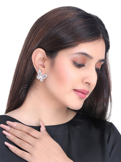 Yellow Chimes Silver-Toned & Pink Quirky Butterfly Studs Earrings