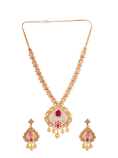 Saraf RS Jewellery Gold-Polished White & Pink American Diamond Studded & Beaded Handcrafted Jewellery Set