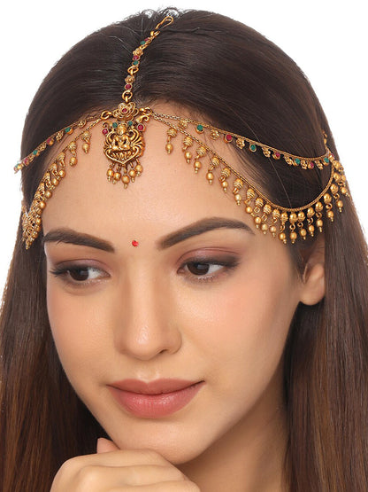 Yellow Chimes Gold-Polished Red & Green Stone-Studded Layered Bridal Traditional Mathapatti