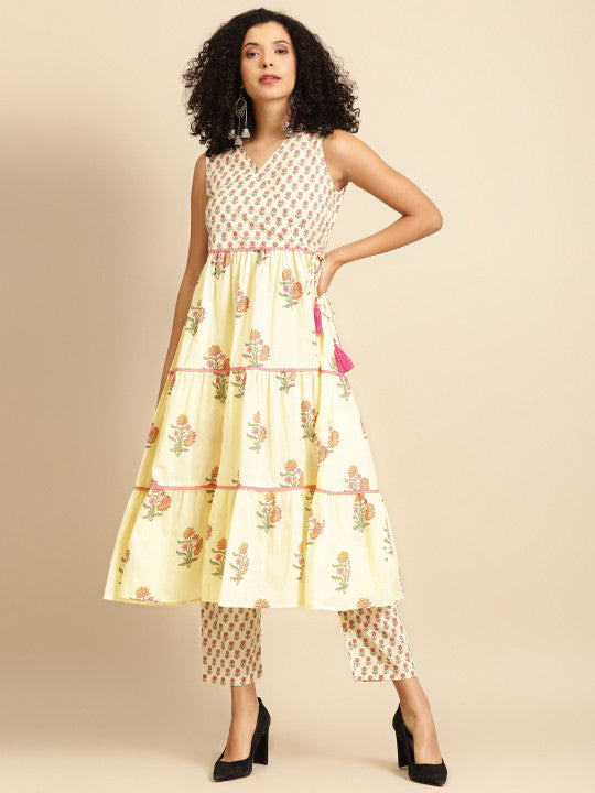 Anayna Women Cream-Coloured & Pink Tiered Printed Kurta with Palazzos