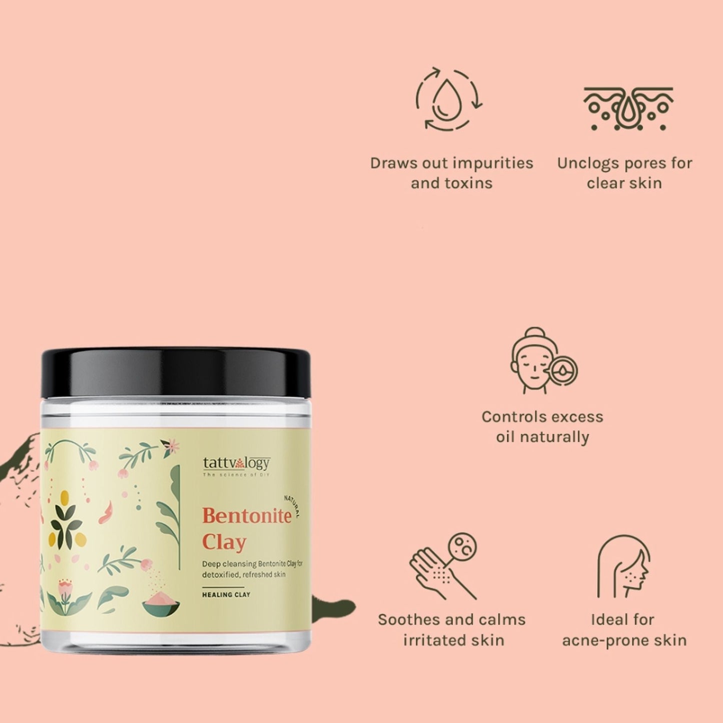 Tattvalogy Indian Bentonite Clay Powder - Detox Mask for Oily Skin, Acne and Deep Pore Cleansing