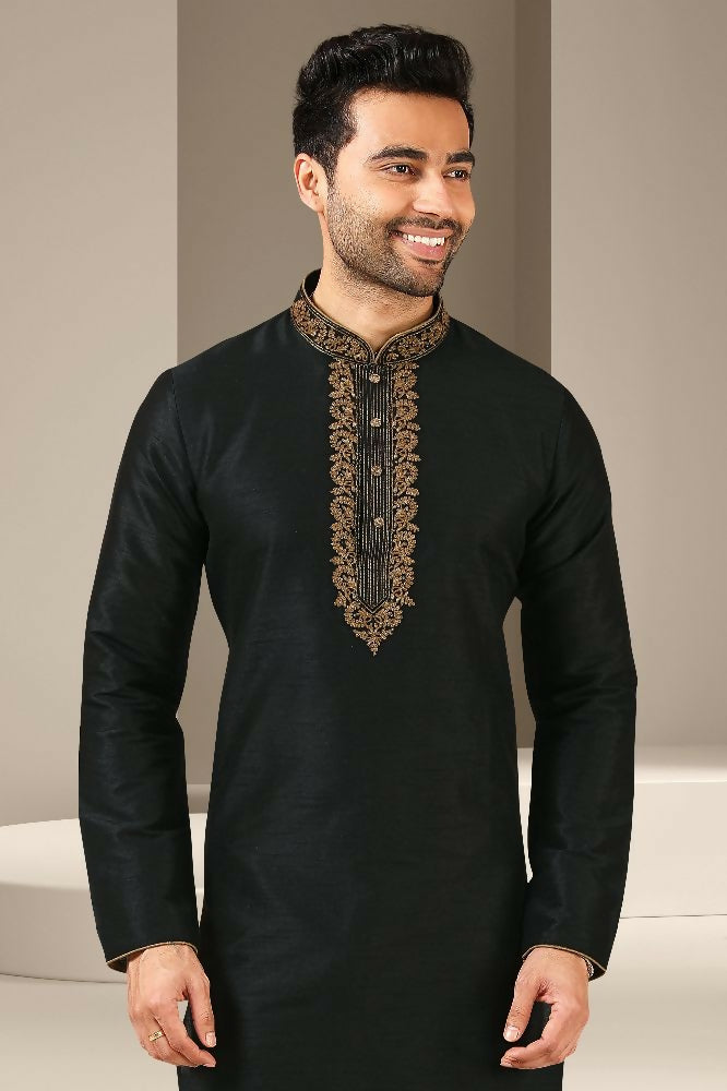 Raivat Ethnic Banarasi Art Silk Thread Work Kurta Pajama In Black Colour