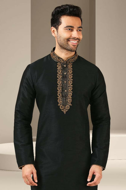 Raivat Ethnic Banarasi Art Silk Thread Work Kurta Pajama In Black Colour
