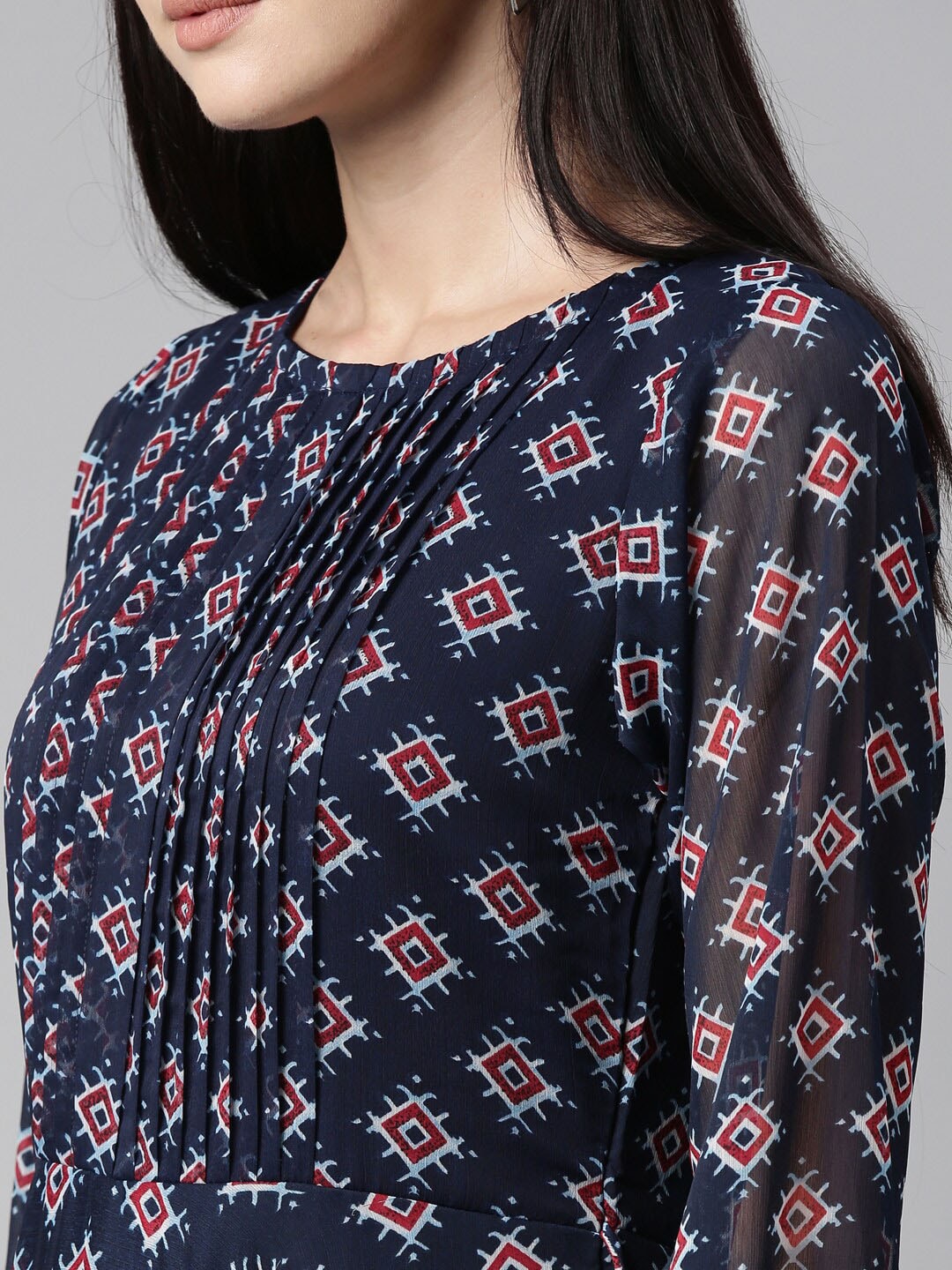 Souchii Blue & Red Ethnic Motifs Printed Chiffon Fit & Flare Midi Dress