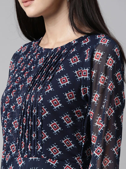Souchii Blue & Red Ethnic Motifs Printed Chiffon Fit & Flare Midi Dress