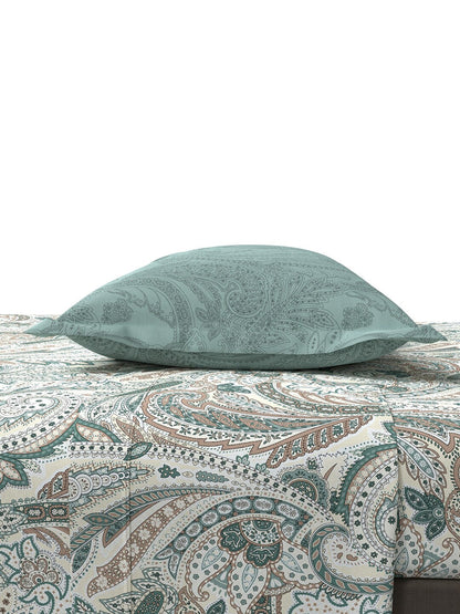 MYTRIDENT Green White Ethnic Motifs Cotton 144 TC Queen Bedsheet With 2 Pillow Covers