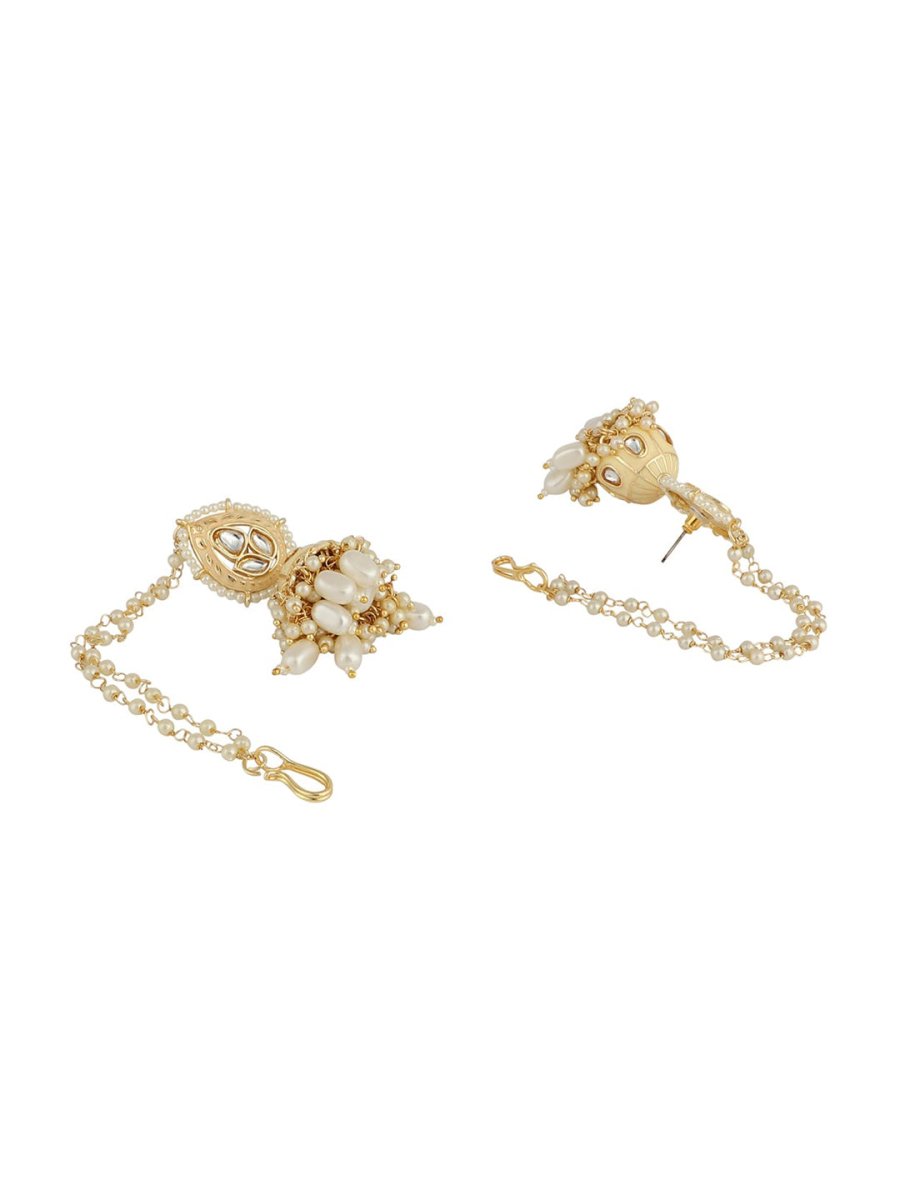 Anikas Creation Cream-Coloured & Gold Toned Kundan & Pearl Jadau Dome Shaped Jhumkas