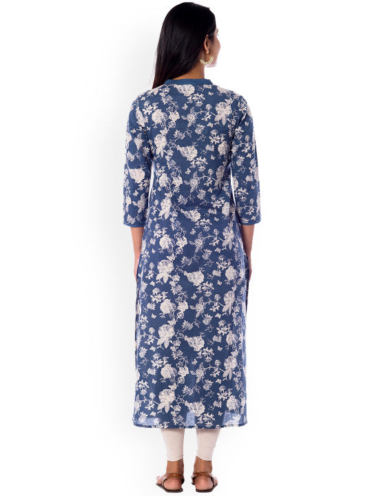 Anayna Women Blue & White Floral Print Straight Kurta