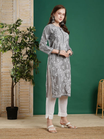 ADA Women Grey & White Chikankari Embroidered Straight Kurta