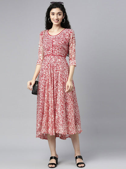 Souchii White & Red Floral Layered Chiffon Beautiful Midi Dress
