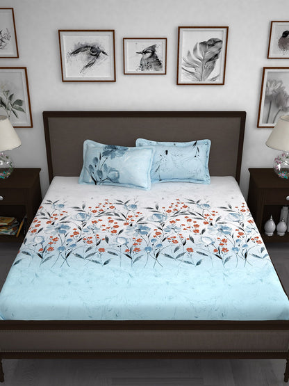 Story@home White & Blue Floral 210 TC Cotton 1 King Bedsheet with 2 Pillow Covers