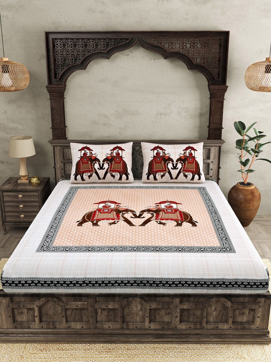 JAIPUR FABRIC Peach Ethnic Motifs Cotton 250 TC Super King Bedsheet With 2 Pillow Covers