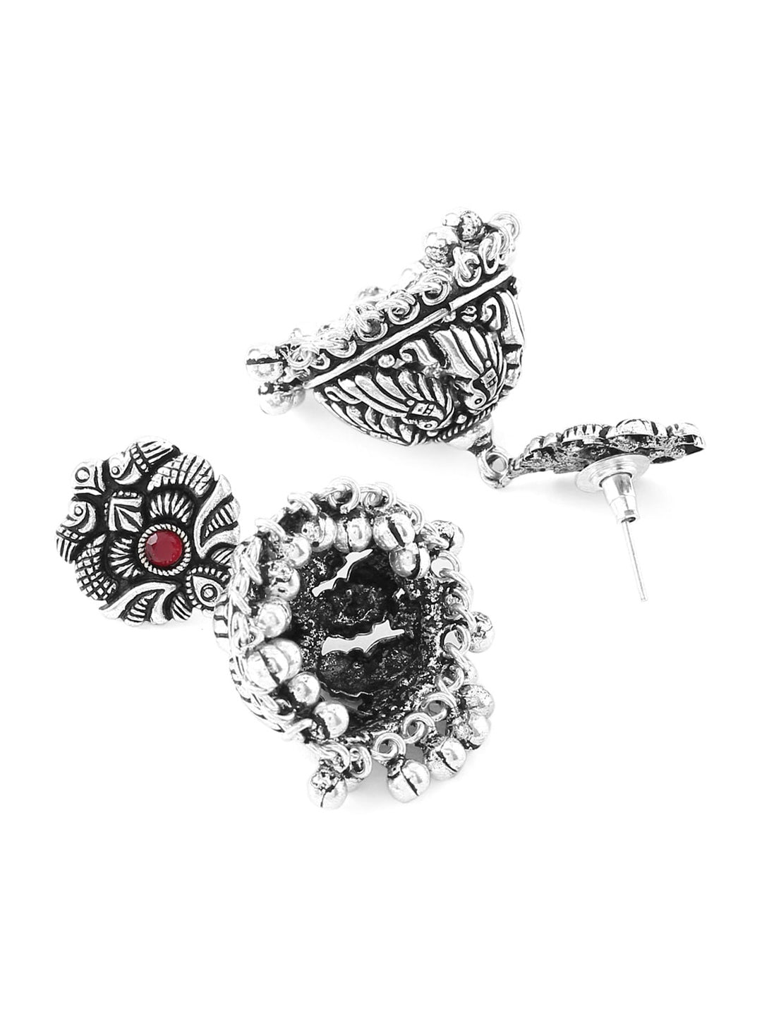 Yellow Chimes Silver-Plated Kolhapuri Peacock Design Jhumkas Earrings